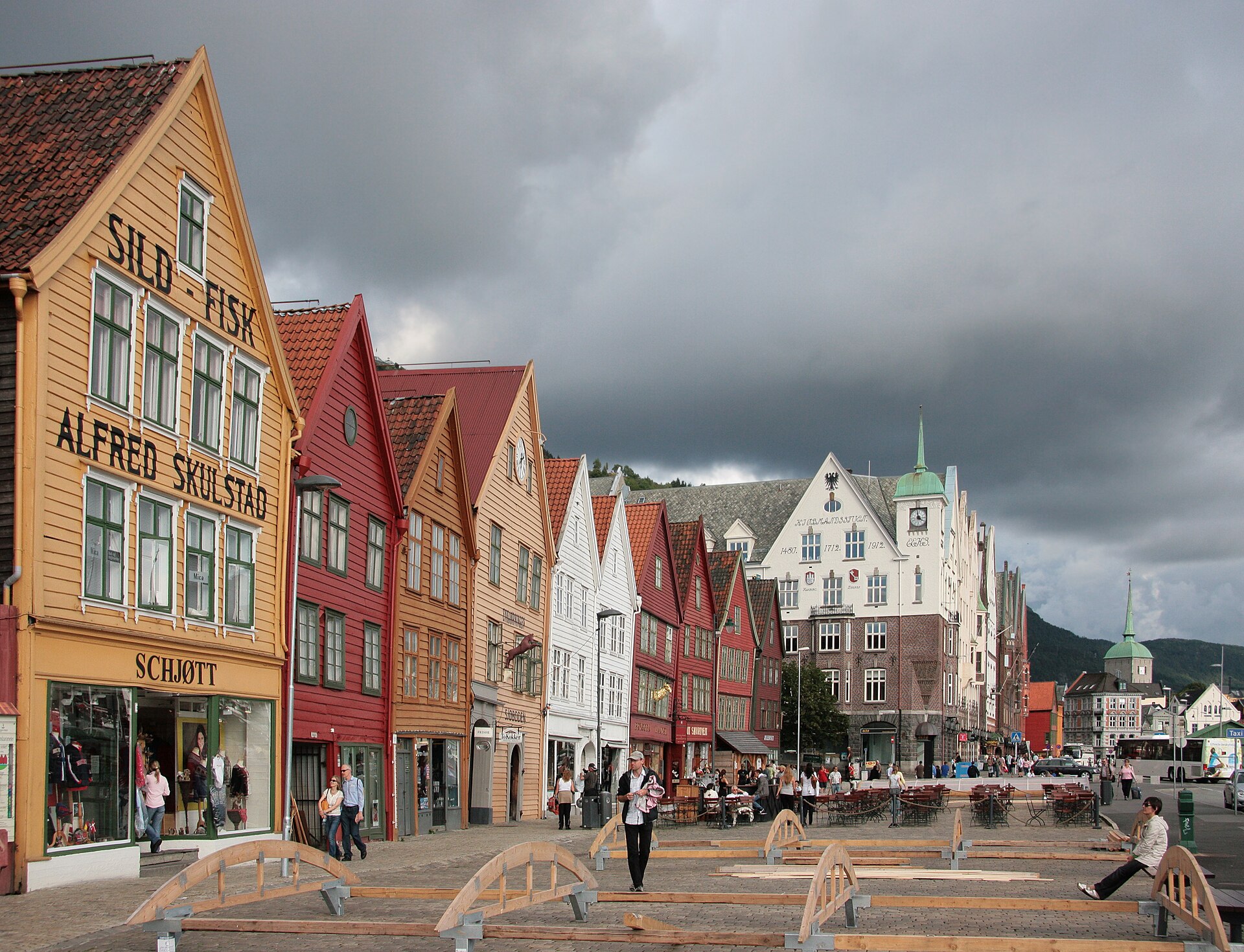 The historic wooden Bryggen wharf in central Bergen